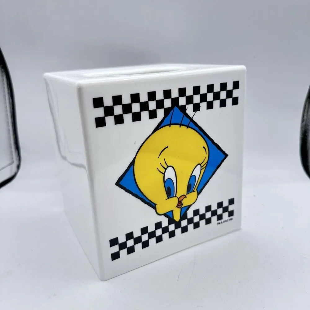 Vintage 90s Looney Tunes Tissue Box Plastic Holder Cover Tweety Bird Sylvester